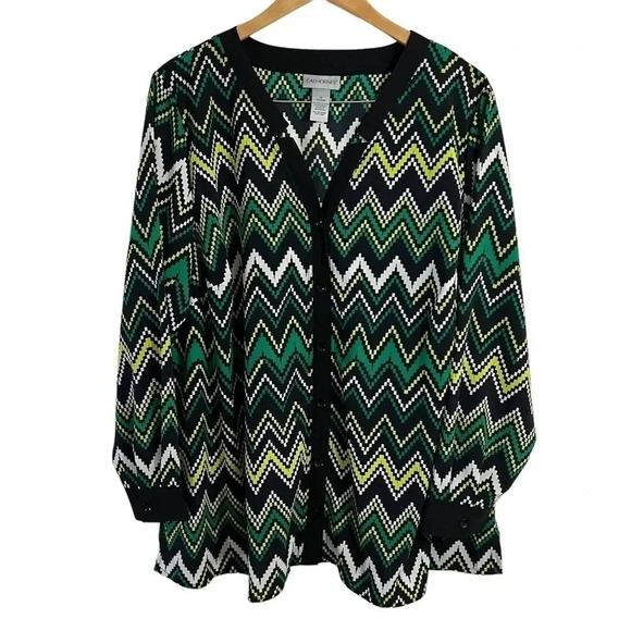 Catherines Button Up Top 1X Neon Green Black Chevron Striped Long Sleeve Bright - Picture 1 of 6